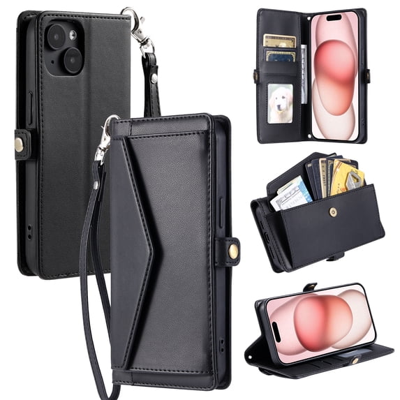 Compatible with iPhone 15 Crossbody Wallet Case with Card Holder,Women Men RFID Blocking PU Leather Flip Cover Wrist Strap Card Slots Cash Pocket ,Phone Case for iPhone 15,Black