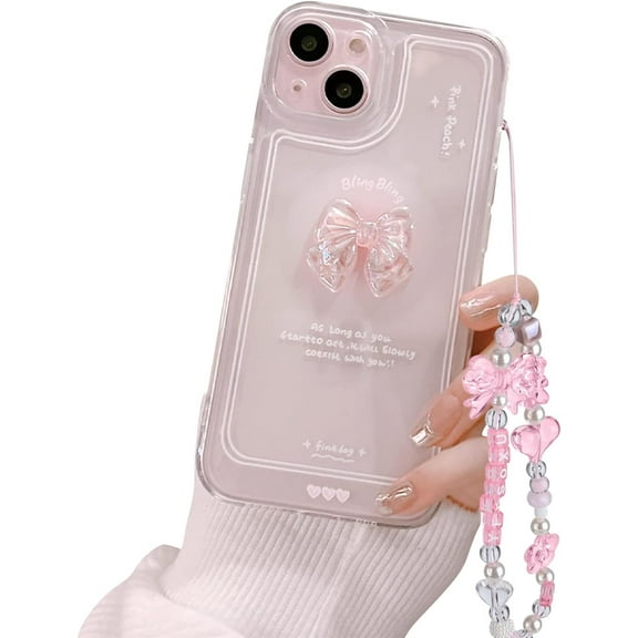 Compatible for iPhone 15 Cute 3D Pink Bowknot Slim Clear Aesthetic Design Women Teen Girls Camera Lens Protection Phone Cases Cover+Glitter Bow Crystal Sparkle Sparkly Chain
