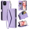thumbnail image 1 of Compatible with iPhone 15 Envelope Style Wallet Case, with Wrist Strap and Crossbody Strap, Flip Card Holder Stand Rugged Cell Phone Cover for iPhone 15 Women Men - Purple, 1 of 10