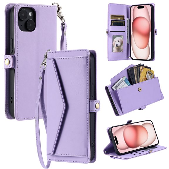 Compatible with iPhone 15 Envelope Style Wallet Case, with Wrist Strap and Crossbody Strap, Flip Card Holder Stand Rugged Cell Phone Cover for iPhone 15 Women Men - Purple