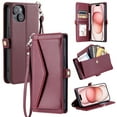 thumbnail image 1 of Compatible with iPhone 15 Envelope Style Wallet Case, with Wrist Strap and Crossbody Strap, Flip Card Holder Stand Rugged Cell Phone Cover for iPhone 15 Women Men - Winered, 1 of 10