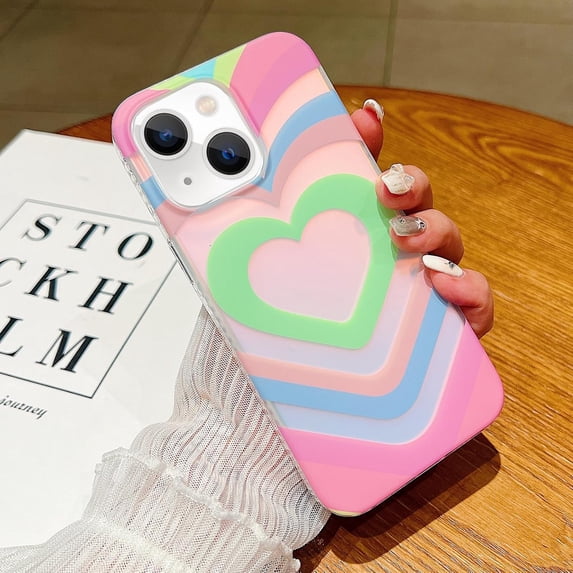 Compatible with iPhone 15 Frosted Case Holographic Love Heart Laser Case Glitter Bling Sparkle Girly Women Colorful Water Ripple Soft TPU Iridescent Matte Shockproof Phone Cover,Green
