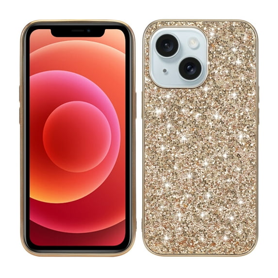 Compatible with iPhone 15 Glitter Plating Case, Luxury Bling Sparkly Shiny Cute Case Soft TPU Plating Bumper Raised Camera Shockproof Back Cover Wireless Charging for Women Girl, Gold
