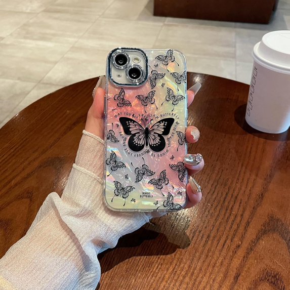 Compatible with iPhone 15 Laser Case Cute Butterfly Seashell Glitter Bling Case with Camera Lens Protection Scratch-Resistant Cover Girly Women Soft TPU Shockproof Phone Cover,Colorful