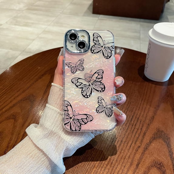 Compatible with iPhone 15 Laser Case Cute Butterfly Seashell Glitter Bling Case with Camera Lens Protection Scratch-Resistant Cover Girly Women Soft TPU Shockproof Cover,Pink