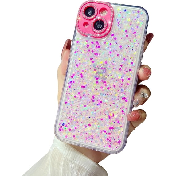 Compatible with iPhone 15 Luminous Case Glow in The Dark Noctiluncent Fluorescent Glitter Case for Women Girls Rhinestone Bling Diamond Camera Bumper Shockproof Phone Cover, Rose