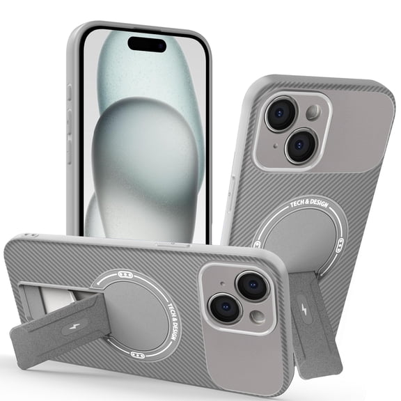 Compatible for iPhone 15 Magnetic Case, Carbon Fiber Texture Case with Invisible Stand, [Support Wireless Charging] Shockproof Slim Rugged Protective Case for iPhone 15, Gray