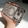 thumbnail image 1 of Compatible for iPhone 15 Magnetic Case Compatible with Mag-Safe, Clear Back + Glitter Bling Paper Plating Edge Phone Case Camera Lens Protector Back Cover for iPhone 15, Black, 1 of 4