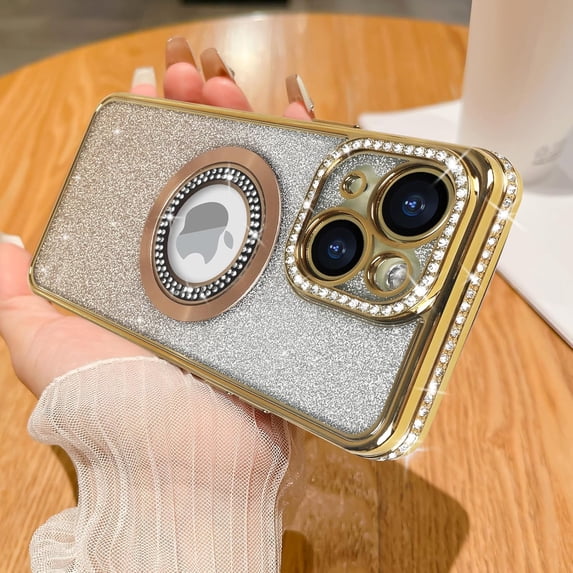 Compatible with iPhone 15 Magnetic Glitter Case Compatible with MagSafe Luxury Bling Rhinestone Case with Logo View Plating Sparkle Diamond and Camera Lens Protection for Women and Girls, Gold