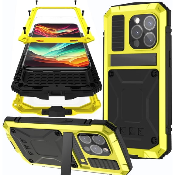 Compatible with iPhone 15 Metal Case with Screen Protector & Strap,6ft Drop Tested Heavy Duty Protective Case for Apple iPhone 15 Silicone Case for iPhone 15 Phone Cases Metal 2023 Men-Yellow