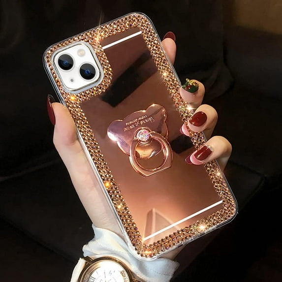 Compatible with iPhone 15 Mirror Bling Case with Ring Cute Glitter Diamond Rhinestone Holder Loopy Finger Grip Kickstand Stand Luxury Fashion Cover for Women Girls Rose Gold