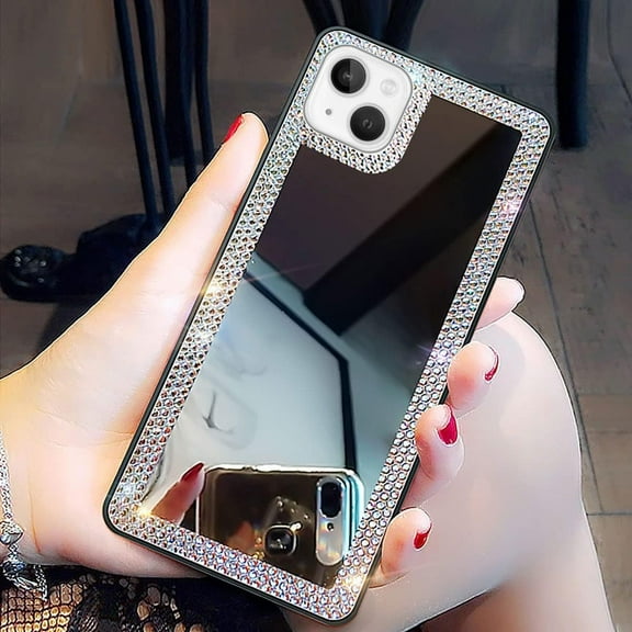 Compatible with iPhone 15 Mirror Case for Women with Bling Rhinestone, Stick on Mirror for Phone Case,Luxury Shiny Crystal Protective Cover Makeup for Girl(Glitter Diamond)
