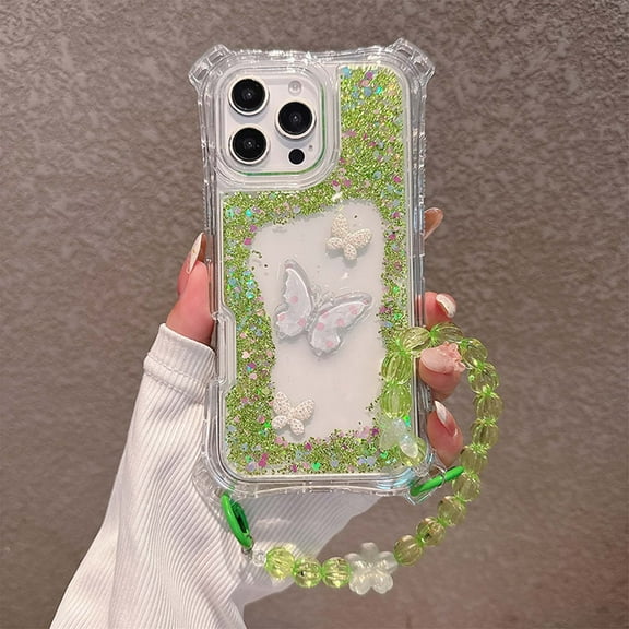 Compatible with iPhone 15 Phone Case,3-in-1 Design,With Cute Beads Wrist Strap,Luxury Bling Glitter Bavck,Resin Butterflies,For Women Girls,Shockproof Transparent Phone Case,Green