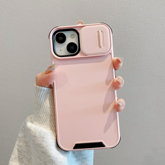 Compatible with iPhone 15 Phone Case, Camera Protection Cover with Slide Lens Cover,[Military Grade Drop Protection] Slim Shockproof Anti-fall Anti-scratch Non-slip Phone Case,Pink