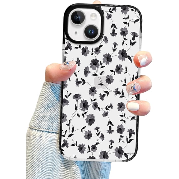 Compatible with iPhone 15 Phone Case, Cute Clear Black Floral Flower Pattern Aesthetic Soft TPU Transparent Cases Protective Phone Cover for Women Girly - Black Flower