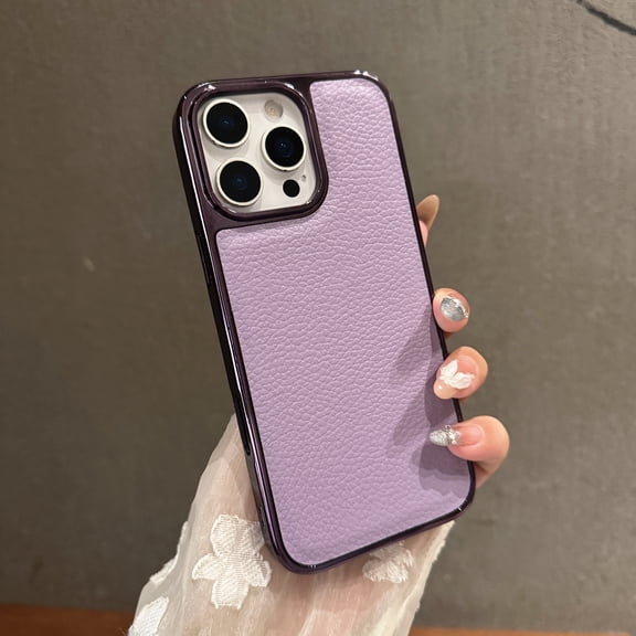 Compatible with iPhone 15 Phone Case,Electroplated Frame Design,Lychee Pattern PU Leather Back,Ultra Slim Shockproof Anti-Scratch Drop Protection Durable Lightweight Phone Case,Purple