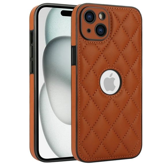 Compatible WIth iPhone 15 Phone Case with Logo Window,Trendy Diamond-checkered Pattern PU Leather Soft TPU Ultra Slim Anti-fall Shockproof Protective Back Cover Phone Case,Brown