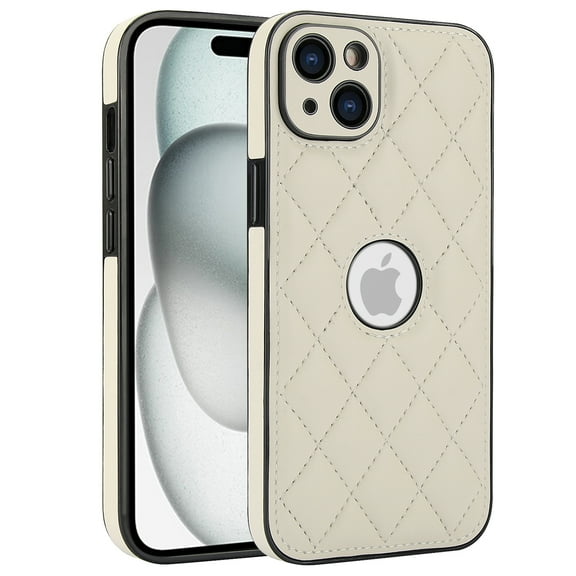 Compatible WIth iPhone 15 Phone Case with Logo Window,Trendy Diamond-checkered Pattern PU Leather Soft TPU Ultra Slim Anti-fall Shockproof Protective Back Cover Phone Case,White