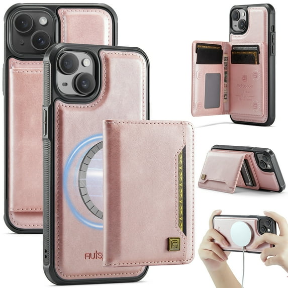 Compatible With iPhone 15 Phone Case,Magnetic 2 in 1 Detachable Wallet Case,With Card Holder,Kickstand,Compatible Magsafe,PU Leather Shockproof Heavy Duty Phone Case Cover,Rosegold