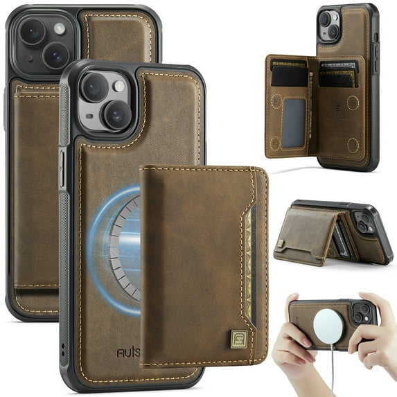 Compatible With iPhone 15 Phone Case,Magnetic 2 in 1 Detachable Wallet Case,With Card Holder,Kickstand,Compatible Magsafe,PU Leather Shockproof Heavy Duty Phone Case Cover,Coffee