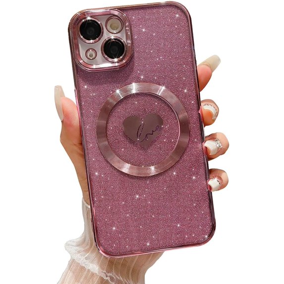 Compatible with iPhone 15 Plus 6.7 Inch Case with Magsafe, Plating Heart Glitter Magnetic Case for Women Girl TPU Camera Protection Back Cover for iPhone 15 Plus Pink