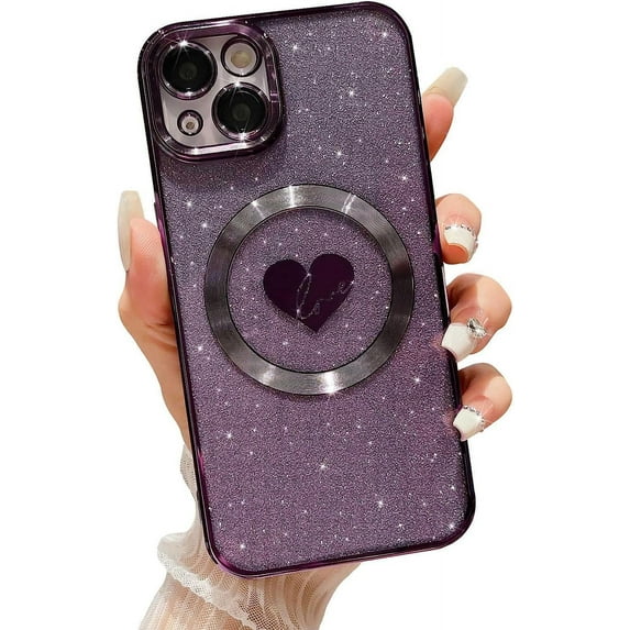 Compatible with iPhone 15 Plus 6.7 Inch Case with Magsafe, Plating Heart Glitter Magnetic Case for Women Girl TPU Camera Protection Back Cover for iPhone 15 Plus Purple