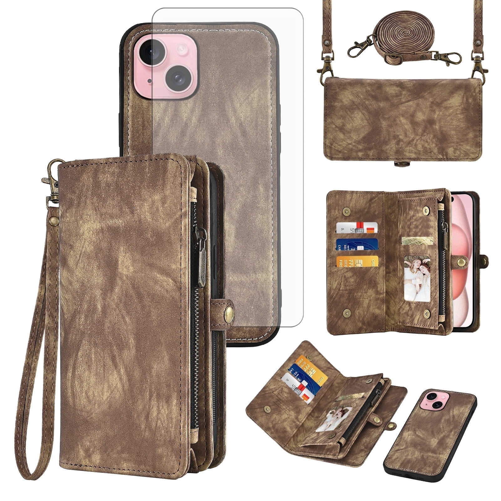 Compatible with iPhone 15 Plus 6.7 inch Phone Case Zipper Wallet Detachable Tempered Glass Screen Protector Lanyard Strap Flip Card Holder Cell Cover for i Phone15 15+ i15 + 15Plus Women Brown