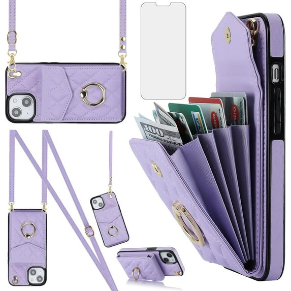 Compatible with iPhone 15 Plus 6.7 inch Wallet Case Tempered Glass Screen Protector Ring RFID Blocking Card Holder Cell Phone Cover for i-Phone 15+ iPhone15Plus 5G i i15 + iPhone15 15Plus Women Purple