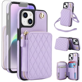 Compatible with iPhone 15 Plus 6.7 inch Wallet Phone Case Tempered Glass Screen Protector Wrist Crossbody Strap Stand Credit Card Holder RFID Slot Cell Cover for i Phone15 + 15Plus Women Girls Purple