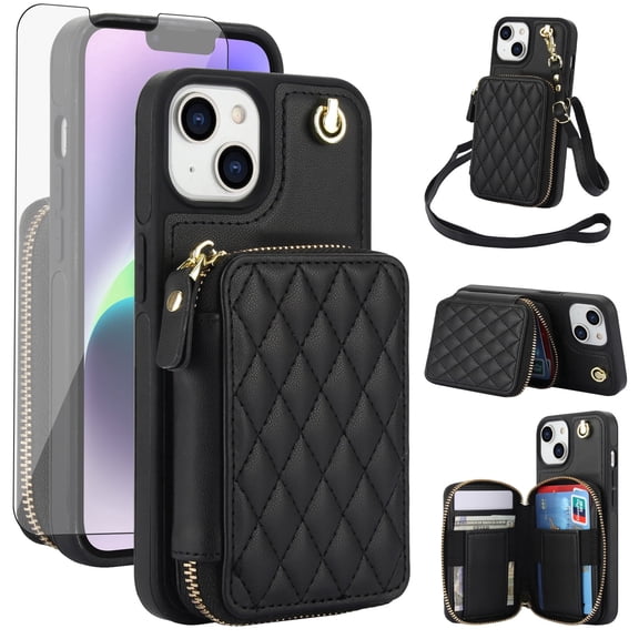 Compatible with iPhone 15 Plus 6.7 inch Wallet Phone Case Tempered Glass Screen Protector Wrist Crossbody Strap Stand Credit Card Holder RFID Slot Cell Cover for i Phone15 15+ i15 + Women Girls Black