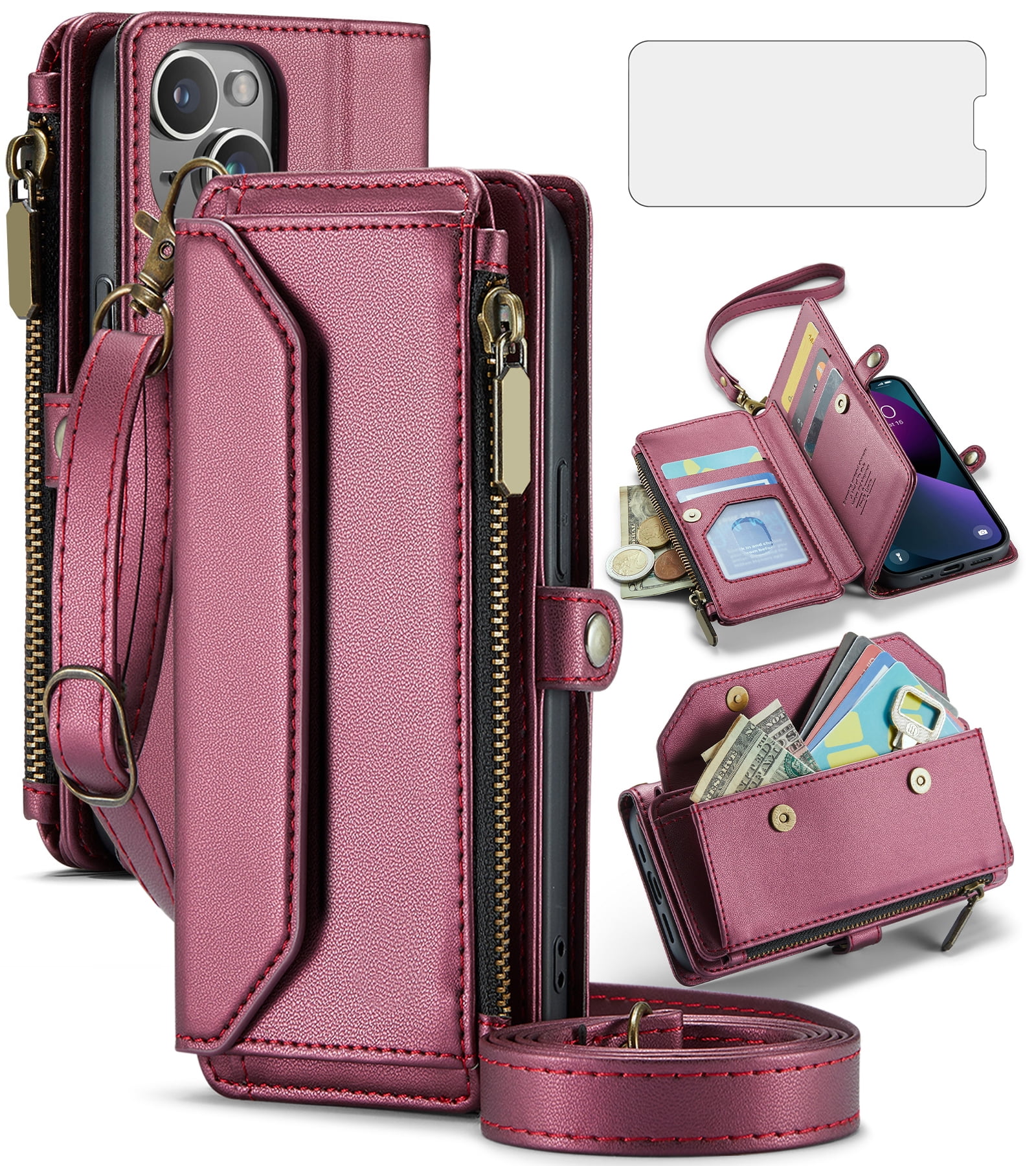 Compatible with iPhone 15 Plus 6.7 inch Zipper Wallet Phone Case Tempered Glass Screen Protector Crossbody Lanyard Strap Flip Card Holder Slot Cell Cover for i Phone15 15+ i15 + 15Plus Women Wine Red