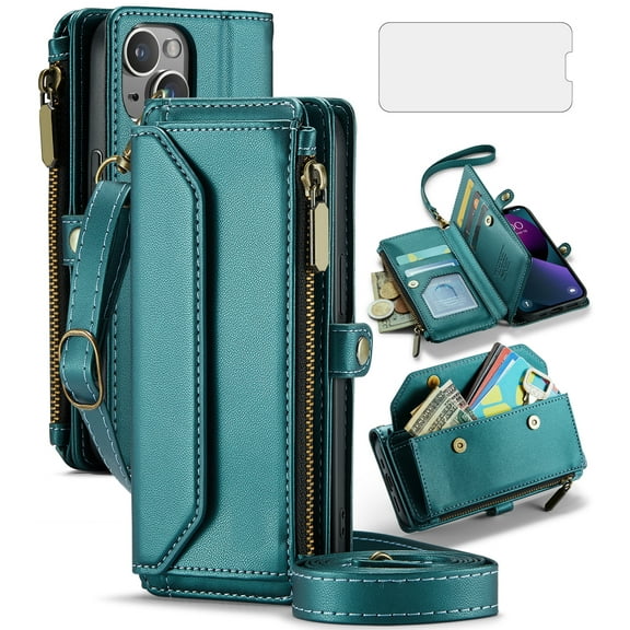 Compatible with iPhone 15 Plus 6.7 inch Zipper Wallet Phone Case Tempered Glass Screen Protector Crossbody Lanyard Strap Flip Card Holder Slot Cell Cover for i Phone15 15+ i15 + 15Plus Women Green