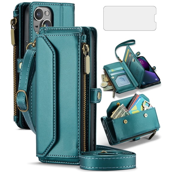 Compatible with iPhone 15 Plus 6.7 inch Zipper Wallet Phone Case Tempered Glass Screen Protector Crossbody Lanyard Strap Flip Card Holder Slot Cell Cover for i Phone15 15+ i15 + 15Plus Women Green