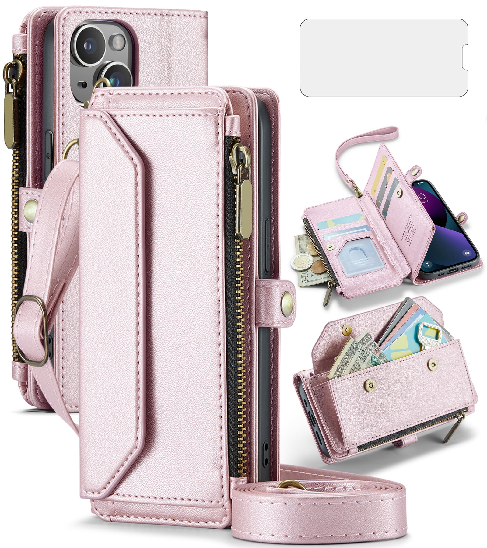 Compatible with iPhone 15 Plus 6.7 inch Zipper Wallet Phone Case Tempered Glass Screen Protector Crossbody Lanyard Strap Flip Card Holder Slot Cell Cover for i Phone15 15+ i15+ 15Plus Women Rose Gold