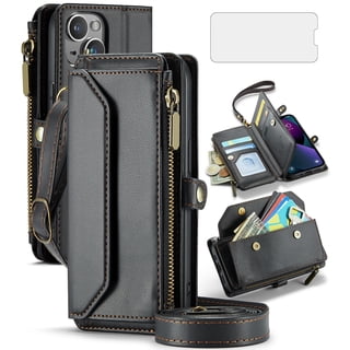 Compatible with iPhone 15 Plus 6.7 inch Zipper Wallet Phone Case Tempered Glass Screen Protector Crossbody Lanyard Strap Flip Card Holder Slot Cell Cover for i Phone15 15+ i15 + 15Plus Women Black
