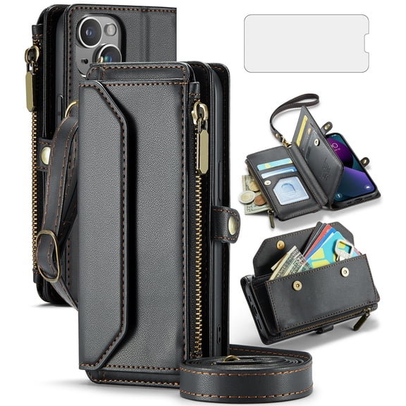 Compatible with iPhone 15 Plus 6.7 inch Zipper Wallet Phone Case Tempered Glass Screen Protector Crossbody Lanyard Strap Flip Card Holder Slot Cell Cover for i Phone15 15+ i15 + 15Plus Women Black