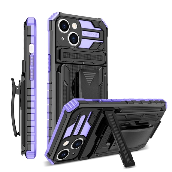 Compatible with iPhone 15 Plus Back Case, 360 Rotating Removable Belt Clip & Hidden Kickstand & Hard PC + Soft TPU & Anti-fall & Shock Absorption Phone Case for iPhone 15 Plus, Purple