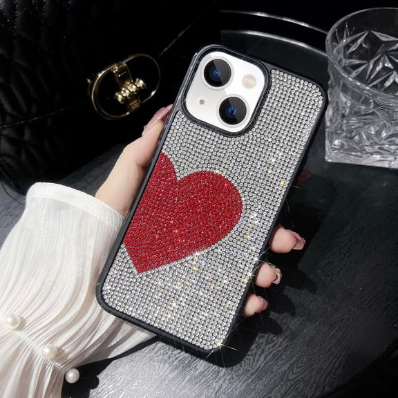 Compatible with iPhone 15 Plus Bling Case Glitter Full Diamond Rhinestone Sparkle Loving Heart Case for Women Girls Girly Aesthetic Luxury Shiny Crystal Slim Soft Bumper Phone Cover, White