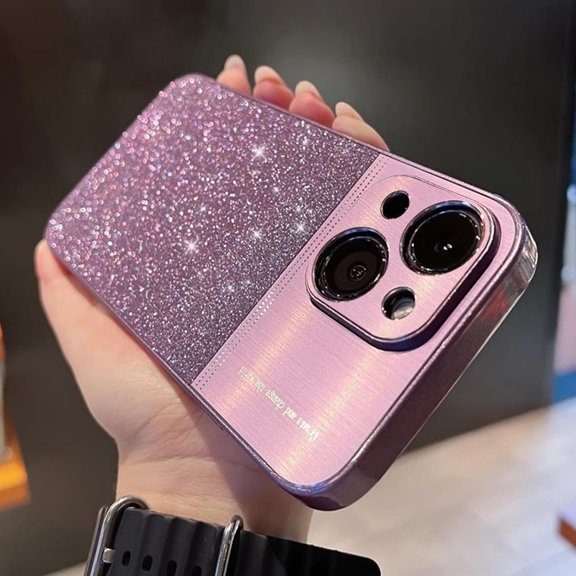 Compatible with iPhone 15 Plus Bling Case Sparkling Glitter Metal Wire Drawing Glossy Slim Thin Lightweight Fashion Lens Protection Shockproof Cover for Women Girls