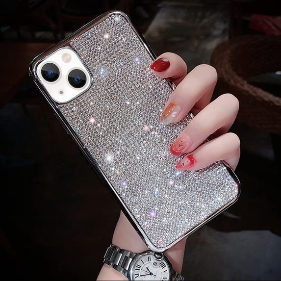 Compatible with iPhone 15 Plus Bling Diamond Case Glitter for Women 3D Rhinestone Crystal Shiny Sparkly Protective Cover with Electroplate Plating Bumper Luxury Fashion Case Silver