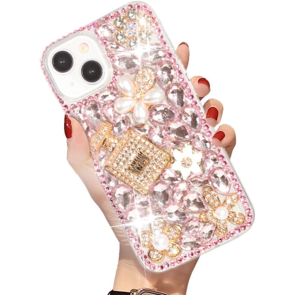 Compatible with iPhone 15 Plus Bling Glitter Case,Luxury Bling Diamond Rhinestone Gemstone 3D Perfume Bottle and Flower Gemstone Soft TPU Back Cover Case for Women Girls with iPhone 15 Plus 6.7"