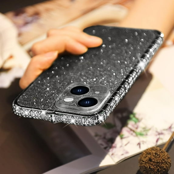 Compatible with iPhone 15 Plus Bling Glitter Case for Women Cute Diamond Rhinestone Sparkly Acrylic Sticker Back Plating Metal Bumper FrameProtective Girly Fashion Luxury Cover Black