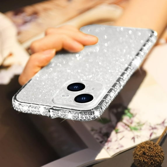 Compatible with iPhone 15 Plus Bling Glitter Case for Women Cute Diamond Rhinestone Sparkly Acrylic Sticker Back Plating Metal Bumper FrameProtective Girly Fashion Luxury Cover Silver