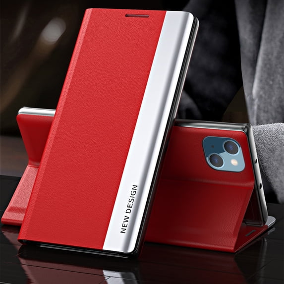 Compatible with iPhone 15 Plus, Built-in invisible Stand, Full Protection Shockproof Thin Magnetic Luxury PC Plating + PU Leather Slim Fit Smart Case for iPhone 15 Plus,Red