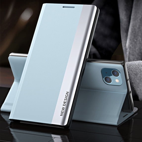 Compatible with iPhone 15 Plus, Built-in invisible Stand, Full Protection Shockproof Thin Magnetic Luxury PC Plating + PU Leather Slim Fit Smart Case for iPhone 15 Plus,Lightblue