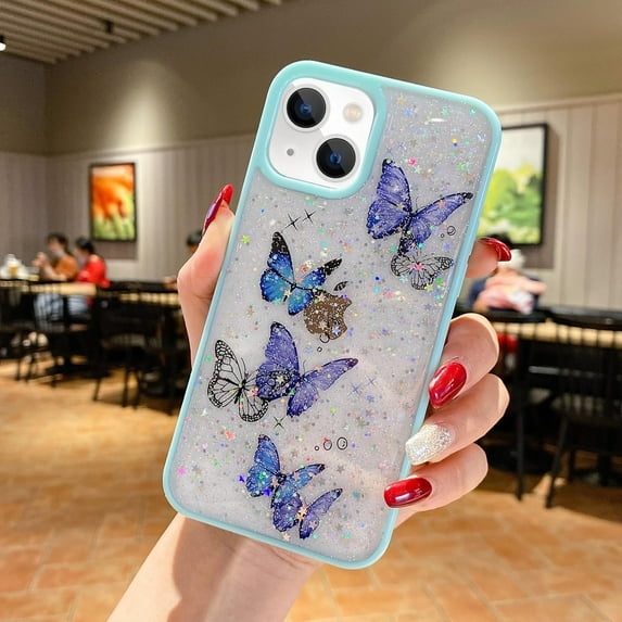 Compatible with iPhone 15 Plus Butterfly Case Cute Bling Glitter Stars Transparent Clear Design Girly Women Girls Soft TPU Lens Protection Luxury Shockproof Shockproof Cover, Blue