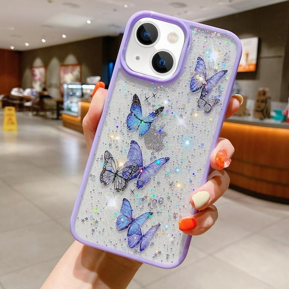 Compatible with iPhone 15 Plus Butterfly Case Cute Bling Glitter Stars Transparent Clear Design Girly Women Girls Soft TPU Lens Protection Luxury Shockproof Shockproof Cover, Purple