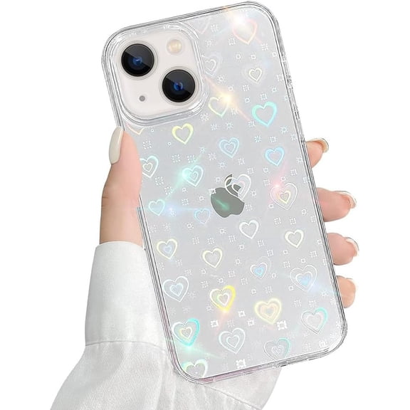 Compatible with iPhone 15 Plus Case 6.7" 2023 Clear Cute Holographic Heart Case for Women Girls Aesthetic Glitter Sparkly Bling Rainbow Love Heart Cover Designed Phone Case for 15 Plus 2023