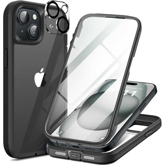 Compatible with iPhone 15 Plus Case, with Built-in 9H Tempered Glass Screen Protector + 2X Camera Lens Protector, Dustproof Cover Designed Full Body Rugged Shockproof Phone Case 6.7", Black