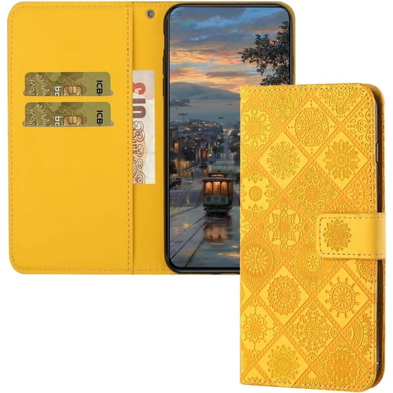 Compatible with iPhone 15 Plus Case with Card Holder Leather Flip Folio Case Retro Embossing with Kickstand Magnetic Protective Cover Wallet Case for iPhone 15 Plus 6.7 inch Yellow XCM